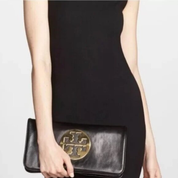 Tory Burch Black Leather Reva Clutch with Gold Chain Strap - Picture 2 of 13